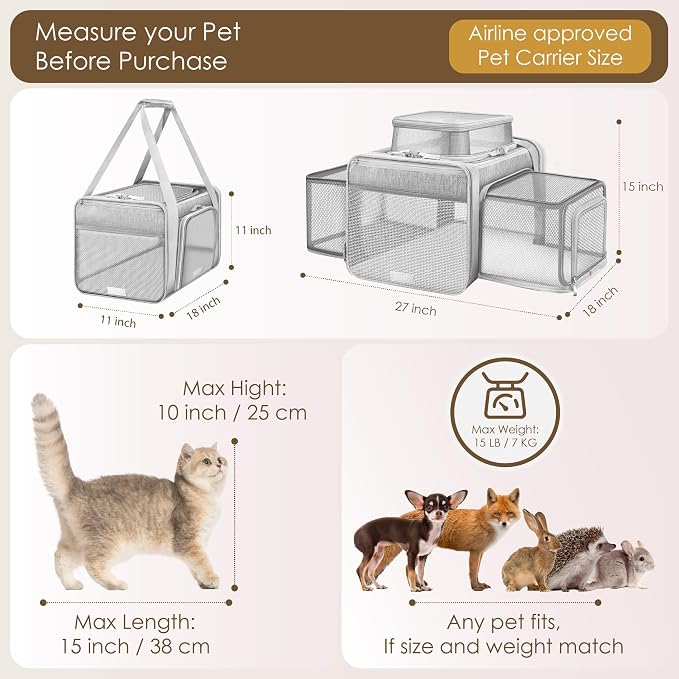 Top and 2 Sides Expandable Cat Carrier 18x11x11, TSA Airline Approved Dog Carriers for Small Dogs,Soft-Sided Pet Carrier with Self-Locking Zippers for Kitten,Rabbit, Puppy, Grey
