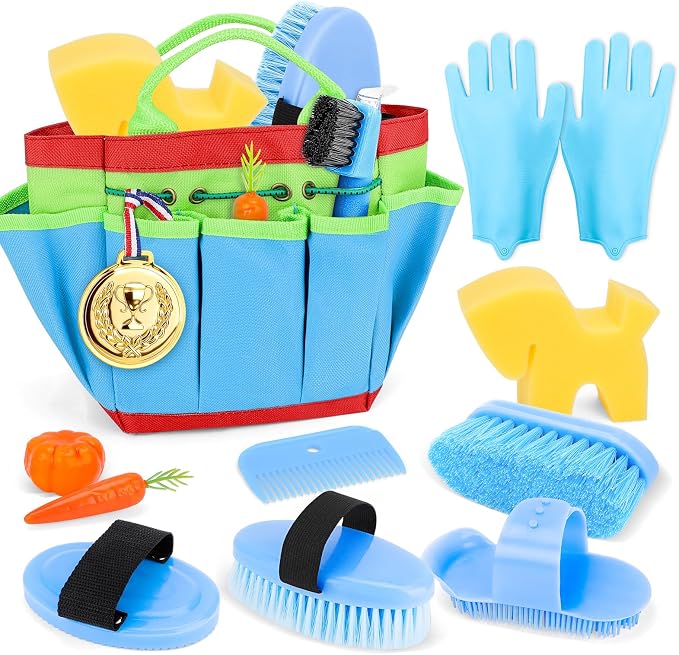 deAO Horse Grooming Brush Kit 12Pcs Horse Tack with Tote Bag,Care Tool,Blue | Realistic Horse Cleaning Playset,Includes Gloves,Tail Comb,Body Brush,Gift for Horse Riders Beginners,for Boys Girls Ages3+