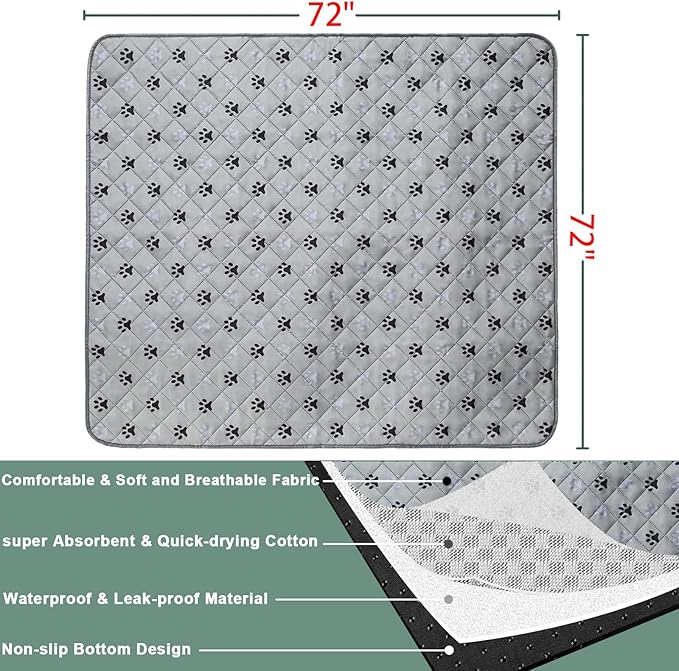 2 Pack 72"x 72" Waterproof Non Slip Wee pad，Reusable Washable Pee Pads for Dogs，Absorbent and Leakproof Training Mats for Potty, Bed, Sofa, Potty Training