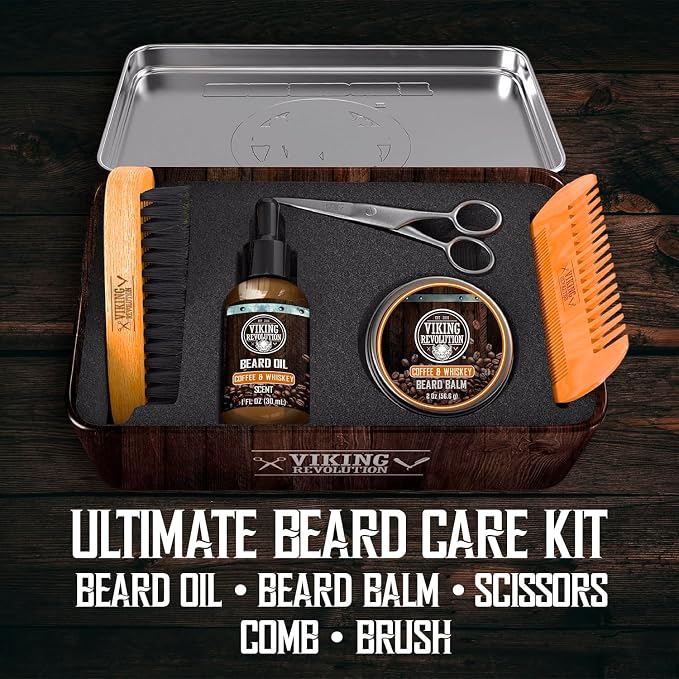 Viking Revolution Ultimate Beard Kit - Coffee Whiskey, 5 Pcs with Metal Box | Richly Scented Coffee Whiskey Products - Includes Beard Brush, Beard Comb, Beard Balm, Beard Oil and Moustache Scissors