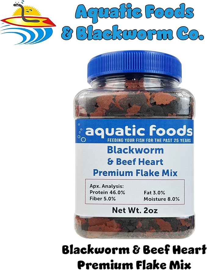 Aquatic Foods Inc. California Blackworm & Beef Heart Premium Flakes for Discus, Cichlids All Community Tropical Fish Also Wafer Mix, Pellet Mix Included…2oz Jar