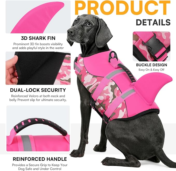 Dog Life Jacket Ripstop Dog Shark Safety Vest Adjustable Preserver with High Buoyancy and Durable Rescue Handle for Small,Medium,Large Dogs, Pink Camouflage Medium