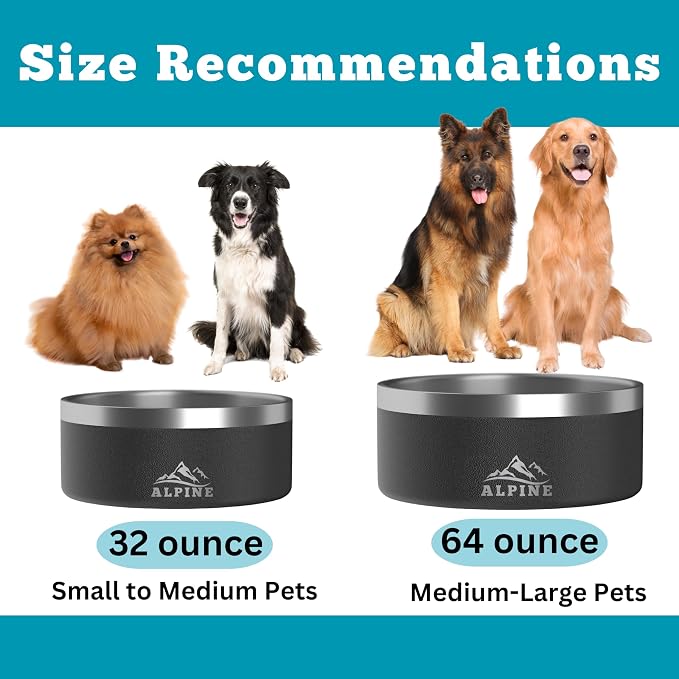 Alpine Set of 2 Stainless Steel Dog Bowls, Non Slip, Metal Pet Bowl for Food and Water, Double Walled Insulated, Rustproof, Dishwasher Safe- 32 Ounces - Black/White (AB)