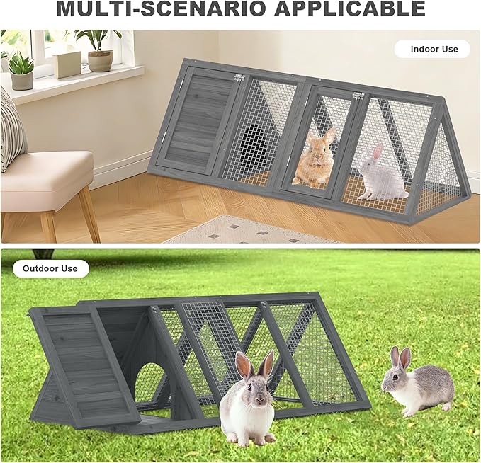 Small Chicken Coop, Rabbit Hutch Outdoor, Wooden Triangle Rabbit Cage with 2 Door & Poultry Run, Portable Bunny Hutch for Chicken, Rabbit, Guinea Pigs, Hedgehog, Small Animals (Modern Grey)