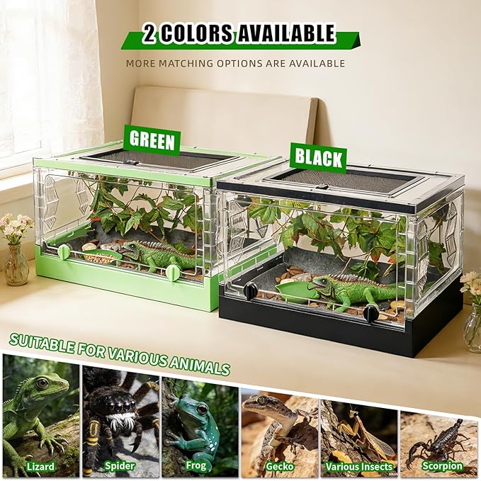 Travel Foldable Reptile Terrarium with Sliding Door Portable Spider Enclosure, Lizard Cage, Plastic Habitat for Tarantula, Tree Frog, Leopard Gecko, Snake, Ventilated Terrarium Starter Kit Green