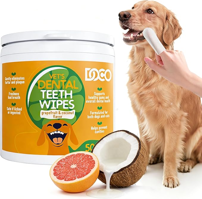 DOCO Pet Dog Teeth Cleaning Wipes – Deodorizing Finger Wipes for Dogs & Cats | Helps Reduce Plaque & Tartar Buildup, Supports Fresh Breath, No Rinse (Grapefruit, 50 Count)