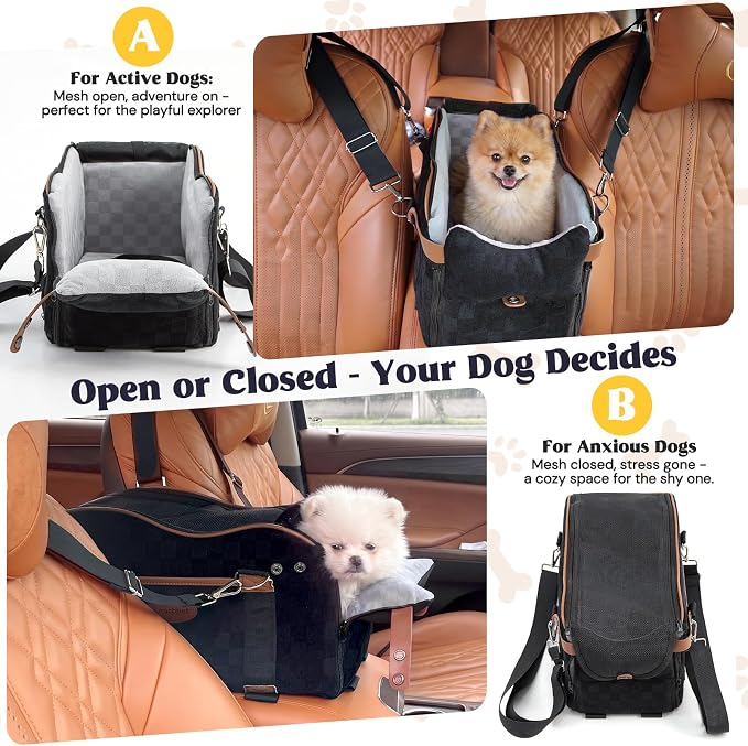 Center Puppy Car Seat,Console Dog Booster for Traveling,Under 10LB | Small Dog Car Seat,Hand-held,Crossbody,Protective Top Mesh,Cushioning Cozy