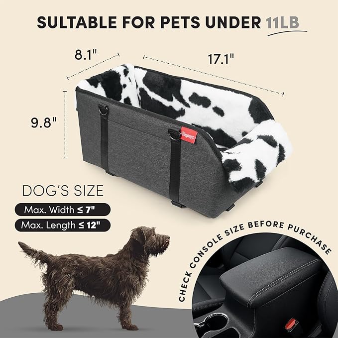 Center Console Dog Car Seat for Small Pets to 11lbs, Milk Cow | Anti-collapse armrest Console seat with washable fluffy cushion, pillow & tether for stable, cozy pet travel trips.