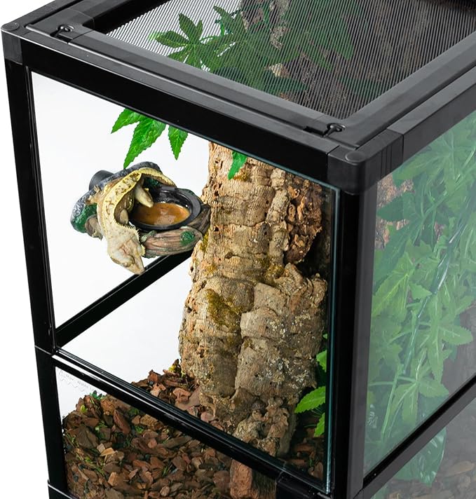 REPTI ZOO Magnetic Reptile Feeding Ledge, Gecko Feeder Ledge with 2PCS Cups, Hollow Vine Food Dish, Reptile Water Bowl for Bearded Dragon Lizard Snake, Terrarium Tank Accessories