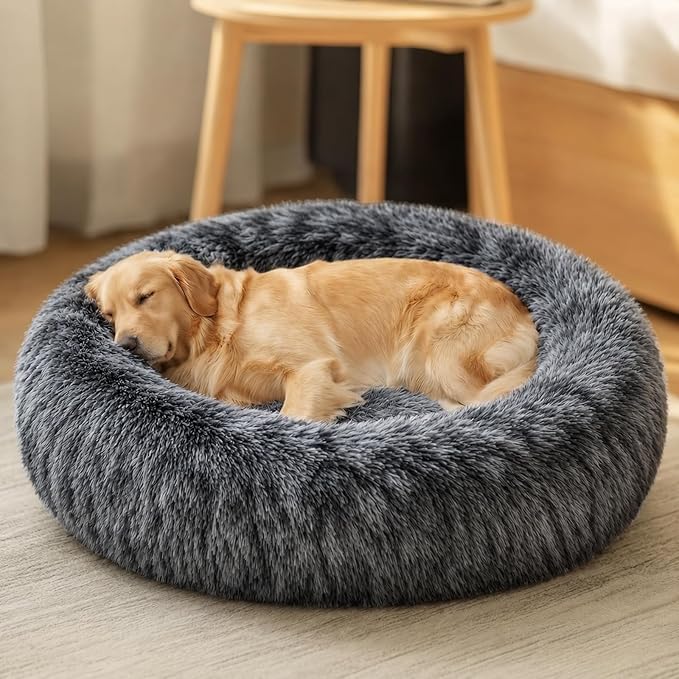 JOLLYVOGUE Calming Dog Beds Extra Large Sized Dog, 45in Donut Washable Large Pet Bed, Anti-Slip & Anti-Anxiety Fluffy Faux Fur Round Dogs Bed, Fits up to 125 lbs Pets (Smoke Black)