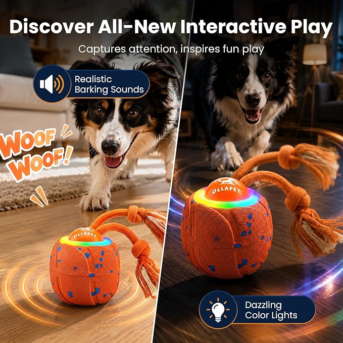Smart Interactive Dog Toys, 3 Modes Automatic Rolling Ball, Chase Pet Toy with Rope & Barking Sound, Chew Resistant E-TPU, IPX7 Waterproof Rechargeable Ball for Medium Large Dogs, Orange