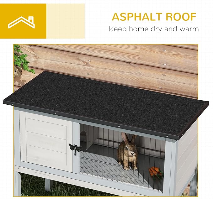 PawHut Elevated Wooden Rabbit Hutch, Indoor/Outdoor Bunny Cage with Hinged Asphalt Roof and Removable Tray for Guinea Pig, Light Gray