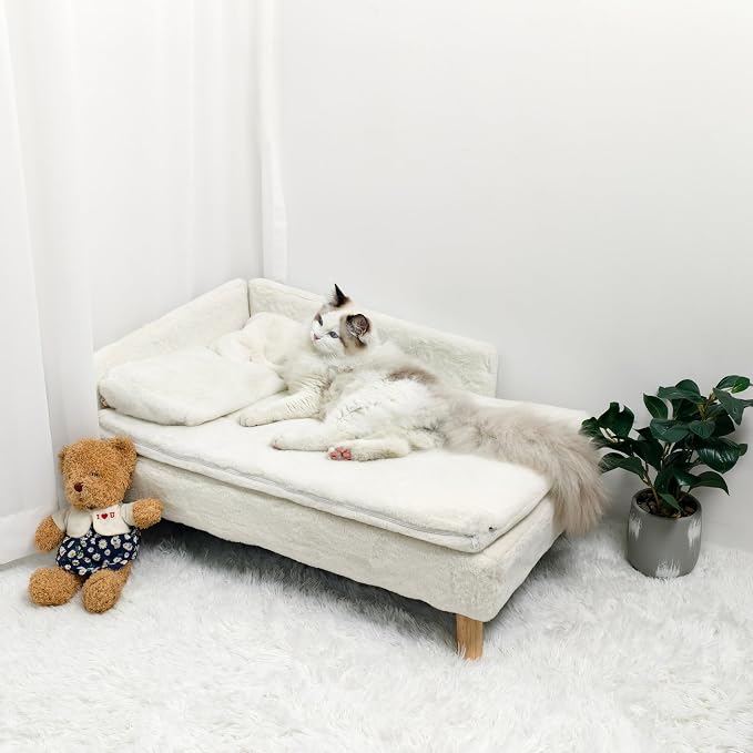 Elevated Cat Couch Sofa: Wooden Cat Bed Dog Chair with Bolster Cushion for Small Dogs Cute Pet Chaise Soft Cushion Fluffy Washable for Puppy