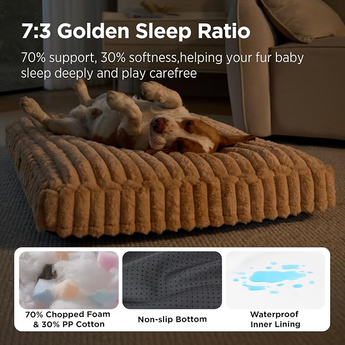 Bedsure ComfyFleece™ Fluffy Balanced Support Large Dog Bed for Crate,35x22 | Golden Ratio Chopped Foam & PP Cotton, Home Decor,Waterproof Liner, Removable Washable Cover, Nonslip Bottom,Sandy Beige