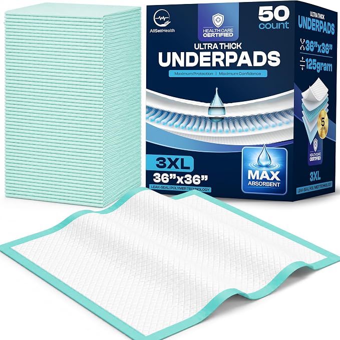 AllSett Health Incontinence Bed Pads Disposable 3XL 36"x 36"(50 Pack), White – 125 Gram Super Absorbent Waterproof Liner, Pee Pads for Adults - Chucks Pads