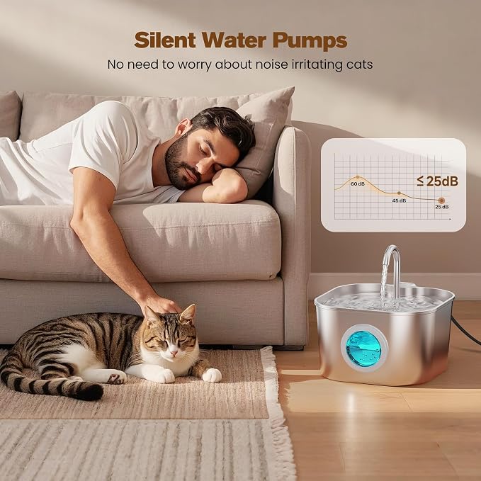 Stainless Steel Cat Water Fountain: 108oz/3.2L Pet Water Fountains Cat Watering Fountain Indoor Automatic Waterer Dispenser for Drinking Small Dogs Water Bowl Metal Kitty Faucet Watering Supplies
