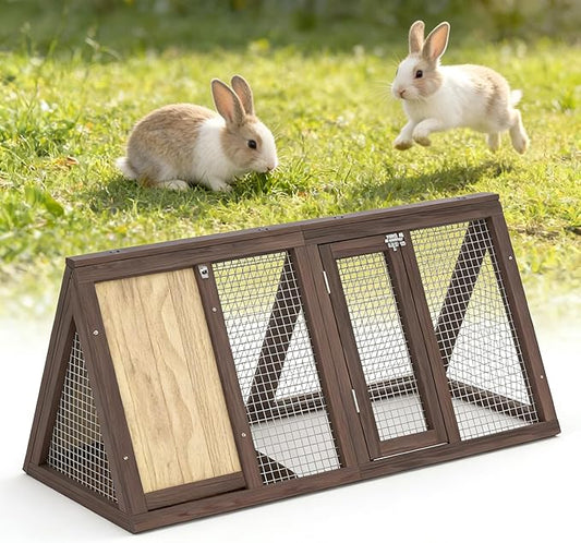 Small Chicken Coop, Rabbit Hutch Outdoor, Wooden Triangle Rabbit Cage with 2 Door & Poultry Run, Portable Bunny Hutch for Chicken, Rabbit, Guinea Pigs, Hedgehog, Small Animals (Rustic Brown)