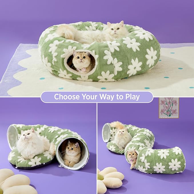Lesure Donut Cute Jacquard Cat Tunnel Bed Kitten Toys for Puppy Bunny | 33.5x33.5x10in,Round Cat Bed Tube for Indoor Cats Rabbit Dog,Pet Peekaboo Cave Toy,Spiral Hideaway,Washable Cushion,Green