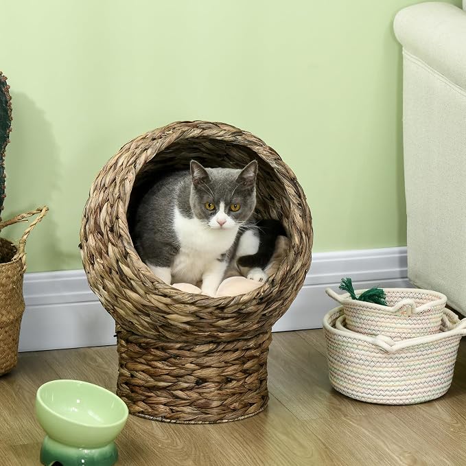 PawHut Handwoven Elevated Cat Bed for Indoor Cats 20" H Gray | Soft Cushion & Egg Chair Shape, Basket Bed Kitty House with Stand, Raised Wicker House