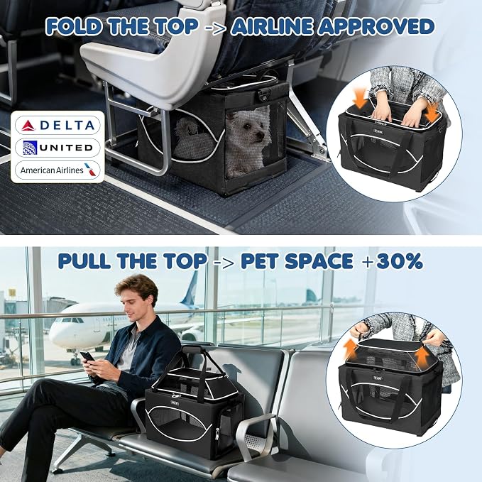 Lekereise Top-Expandable Pet Carrier 17x11x9.5 Inch Alaska Hawaiian Airline Approved Underseat to 12lbs Stable Car Travel Carriers for Small Dogs Cats with Locking Safety Zippers Anti-Scratch Mesh
