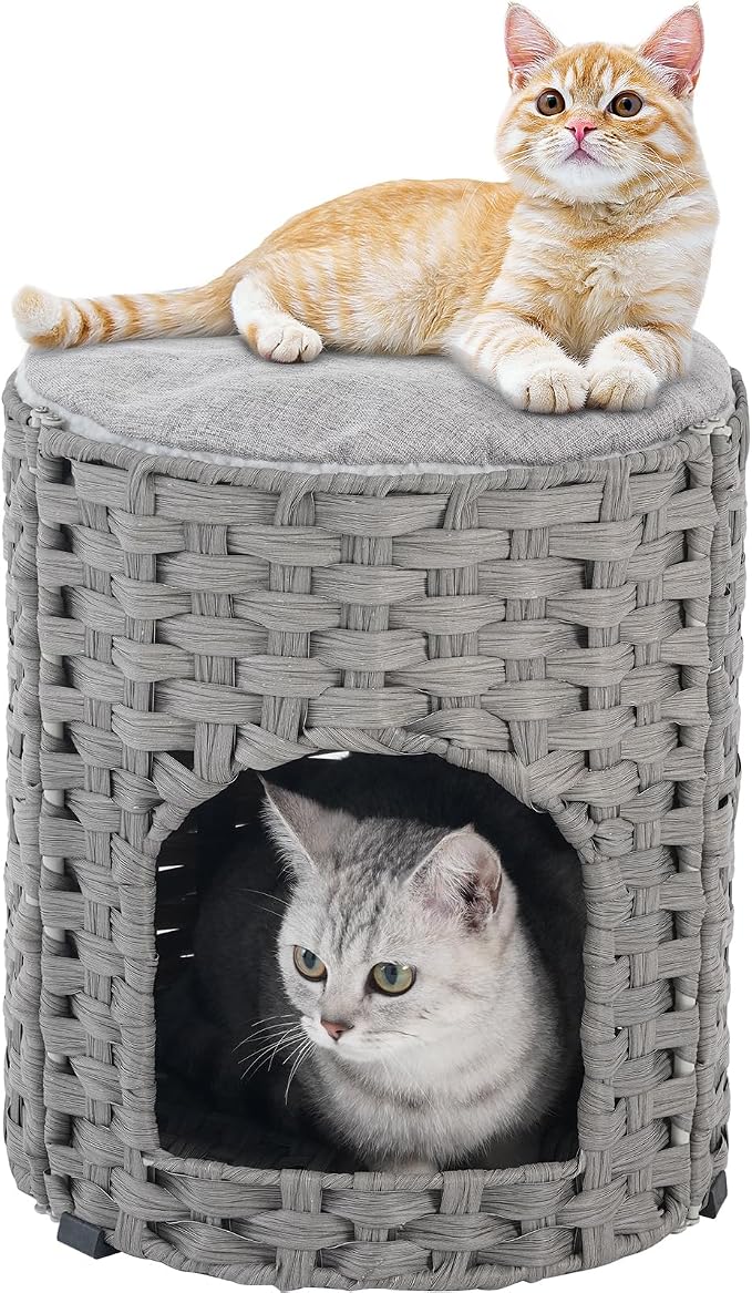 SETVSON Cat House for Indoor Cat, Small Handwoven PE Rattan Cave, Gray | Foldable Pet Kitten Bed Covered, Comfortable Double-Sided Cushion, 13x13x13.7 Inches, Quick 5-Minute Assembly
