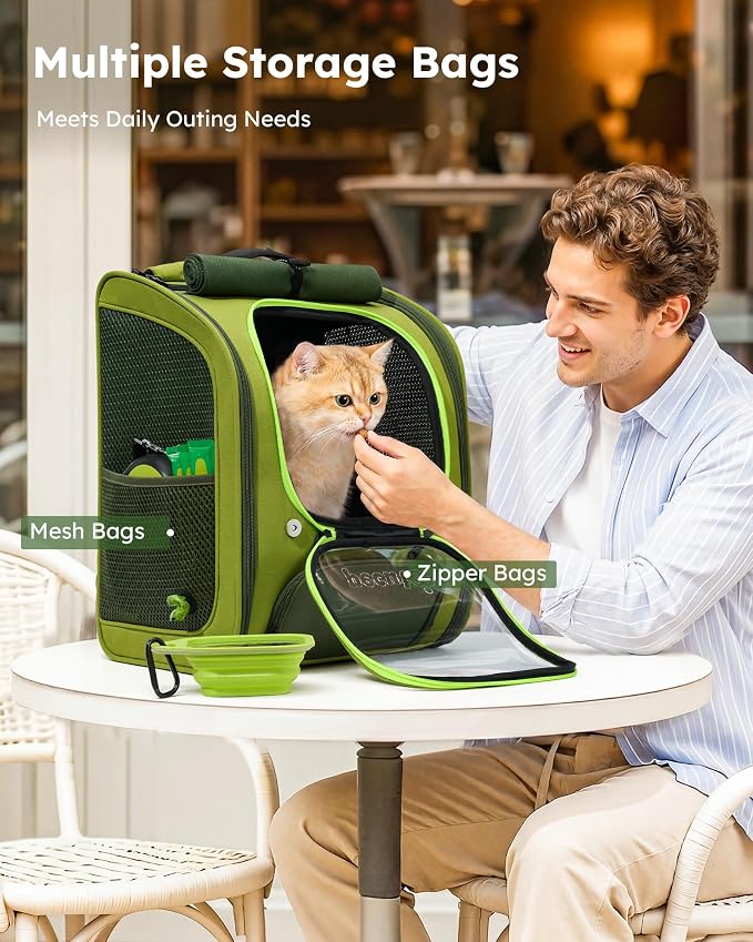 Pecute Cat Backpack Carrier,Large Space Cat Bubble Backpack,Ergonomic,Green | Upgraded Transparent Window Offers Greater Transparency,More Wear-Resistant,Sunshade curtain,Folding bowl,Ventilated