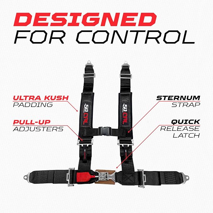 1pc 50 Cal Black 4 Point Harness 2 inch straps, Racing Harness Seat Belt | Ultra Kush padding, Push Button quick release hardware. Universal Fit for UTV, RZR, race car