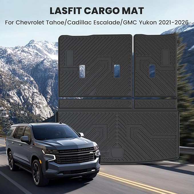 LASFIT Trunk Mat with Backrest Mat 2021-2026 for GMC Yukon (Only Yukon, Not Fit Yukon XL)/Cadillac Escalade (Only Escalade, Not Fit Escalade ESV)/Chevrolet Chevy Tahoe, All Weather TPE Custom Fit