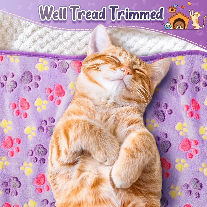Tatuo 4 Pack Fleece Dog Blankets for Puppy Cats Multi-Size Sleep Mat for Pet Guinea Pig Soft Washable Warm Crate Bed Puppy Teething Toys Print Pattern Blanket Indoor(Purple,30 x 20.5 Inch,Paw)