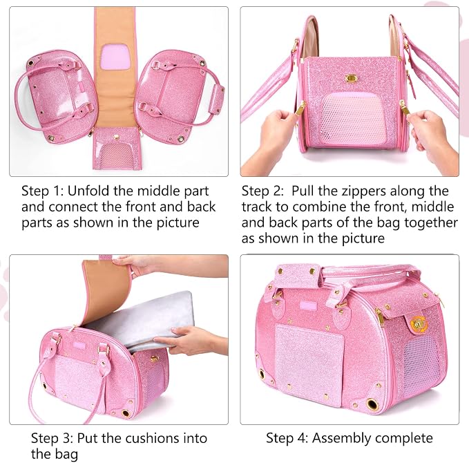 Dog Carrier Purse, Pet Carrier, Bling Waterproof Premium Leather Pet Travel Portable Bag Carrier for Cat and Small Dog Home & Outdoor Small Bling Pink