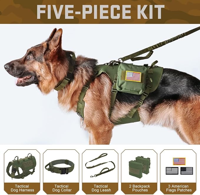 Forestpaw Tactical Dog Harness for Large Dogs,Tactical Dog Collar with Bungee Leash Set,No Pull Military Dog Harness for Walking Training,Adjustable for Medium Large Dogs,Green,Chest 27-40"