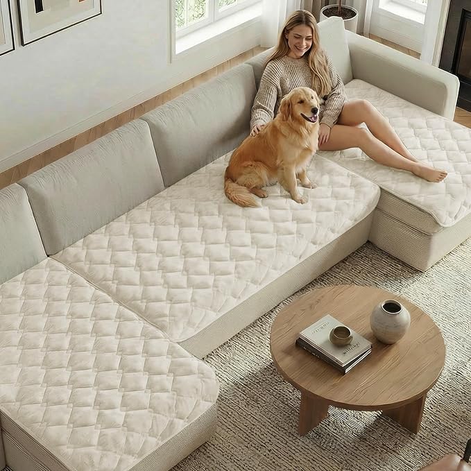 H.VERSAILTEX Chenille Couch Cover for Dogs Washable Soft Fuzzy Loveseat Covers Sectional Sofa Cover Thick Pet Couch Cover Protector Non-Slip Dog Bed Cover(Ivory, 28" x 67")