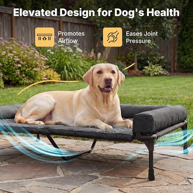 Veehoo Outdoor Elevated Dog Bed with Waterproof Bolster Cushion, Cooling | Raised Dog Bed with Removable & Washable Mat Topper, Breathable Mesh, Dog Couch Cot for Indoor Outdoor, 53", Large, Black