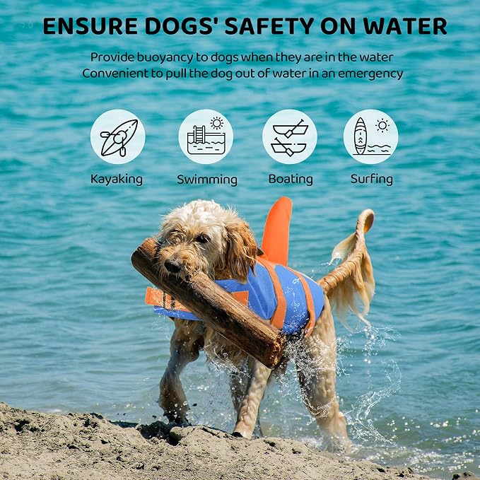 Dog Life Jacket, Adjustable Dog Life Vest, Pet Lifesaver for Swimming, Shark Life Jacket with Rescue Handle, Rip-Stop Safety Vest for Small Medium Large Dogs