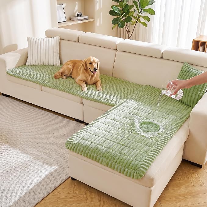 FUANGUI 2 Pack Waterproof Couch Cover for Dogs Pets Sofa Protector | Non-Slip Washable Fuzzy Soft Sofa Slipcover for 2 PCS L Shaped Sofa Pet Friendly, 27.6" x 59.1"+27.6" x 70.9", Grass Green