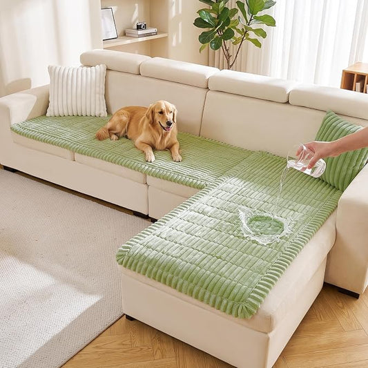 FUANGUI 2 Pack Waterproof Couch Cover for Dogs Pets Sofa Protector | Non-Slip Washable Fuzzy Soft Sofa Slipcover for 2 PCS L Shaped Sofa Pet Friendly, 27.6" x 59.1"+27.6" x 70.9", Grass Green