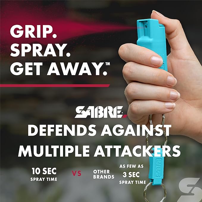 Sabre Pepper Spray - Quick Release Keychain for Easy Carry & Fast Access, Max Police Strength Self Defense OC Spray with UV Dye, 10 Sec. Spray Time, Finger Grip - Faster Aim, 0.54 fl oz,Secure Safety