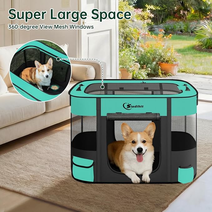 Siedihit Dog Playpen, Cat Pet Puppy Crate, Portable Playpens Indoor Outdoor (Green, Medium)