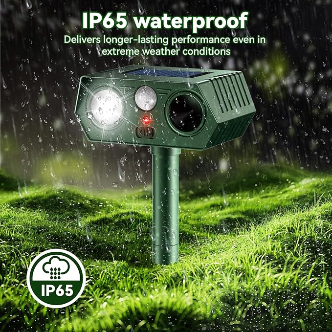 2026 Upgraded Solar Ultrasonic Animal Repeller Outdoor, Waterproof Motion Activated Repellent with Flash Light for Deer Cat Squirrel Raccoon Rabbit Dog Garden Yard (4-Pack)