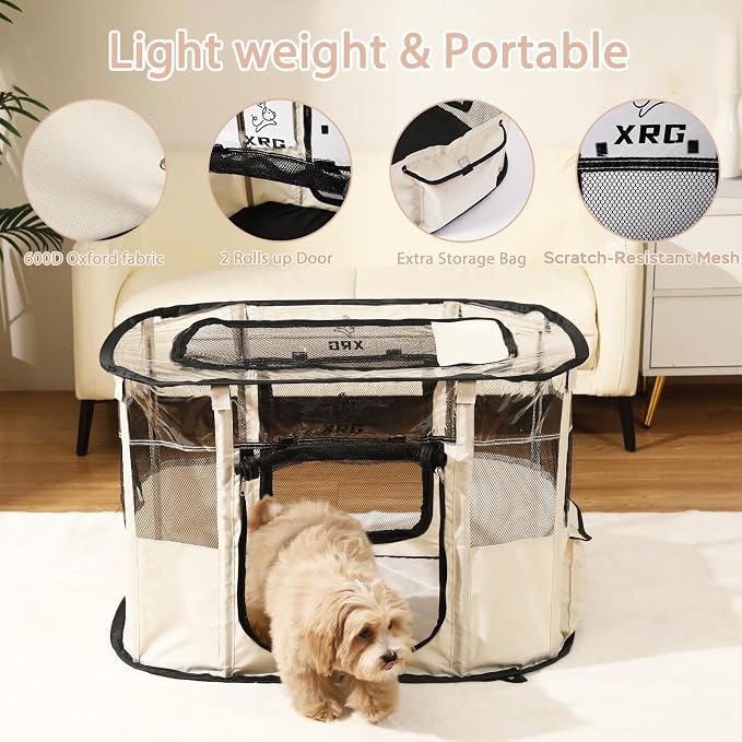 XRG Foldable Dog Playpen with Pad,Indoor Cat Kennel M(31.5"x23.6"x21.7") | Portable Dog Crates with Upgrade Breathable Mesh，Sturdy Cat cage Indoor & Outdoor for Rabbit or Small Animals，Beige