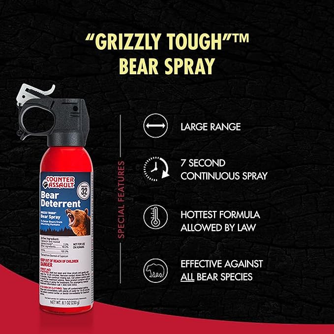 Counter Assault Bear Spray - Bears, Mountain Lions, Coyotes - Long-Range 32ft Distance - Pepper Spray Safety Gear for Hiking & Camping Protection - 2% Capsaicin - 8.1 oz