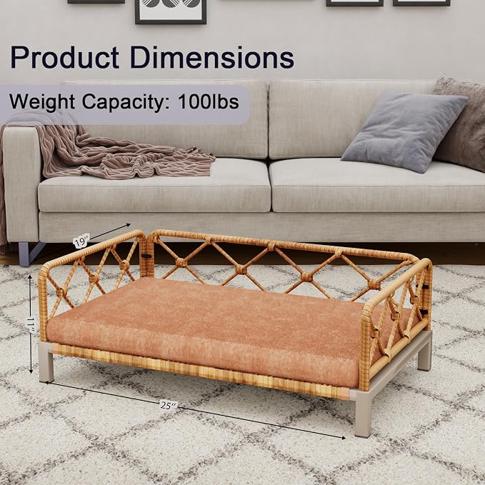Outdoor Dog Bed, Elevated Dog Couch with Removable Cushion, Waterproof Rattan Wicker Orthopedic Indoor Raised Pet Sofa for Dogs, Cats, Pets (Brown)
