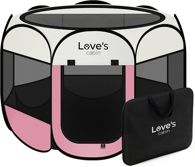 Love's cabin Pet Puppy Dog Playpen, Large Dog Tent Crates Cage Indoor/Outdoor, Portable Playpen for Cat, Foldable Pop Up Dog Kennel Playpen with Carring Case, Removable Zipper Top, Light Pink