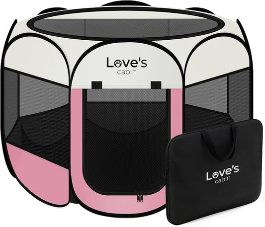 Love's cabin Pet Puppy Dog Playpen, Large Dog Tent Crates Cage Indoor/Outdoor, Portable Playpen for Cat, Foldable Pop Up Dog Kennel Playpen with Carring Case, Removable Zipper Top, Light Pink