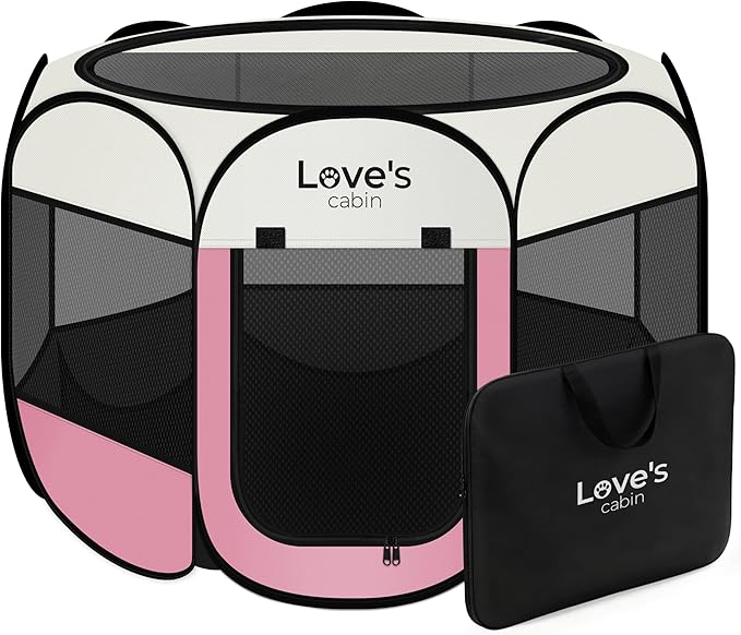Love's cabin Pet Puppy Dog Playpen, Medium Dog Tent Crates Cage Indoor/Outdoor, Portable Playpen for Cat, Foldable Pop Up Dog Kennel Playpen with Carring Case, Removable Zipper Top, Light Pink