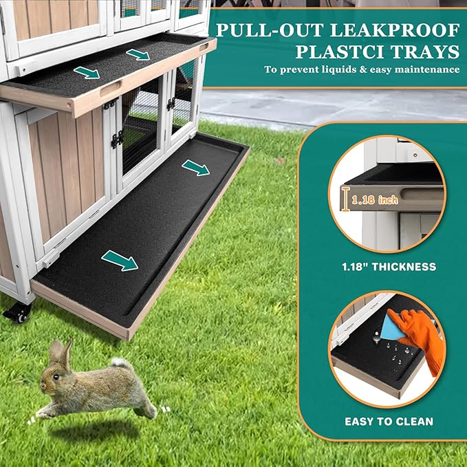 Rabbit Hutch Indoor and Outdoor 2-Story Rabbit Cage with Pull Out Tray,Fir Wood Pet House with Wooden Ramp,Waterproof Bunny Cage Indoor with 2 Asphalt Roofs,Grey (19.7" L x 42.7" W x 47.2" H-P33)