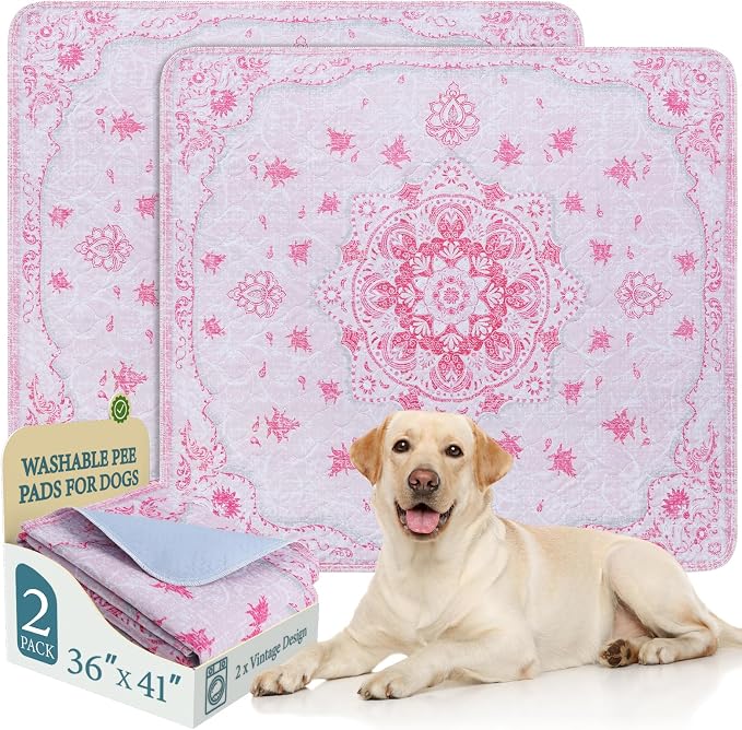 Homimp Washable Pee Pads for Dogs, 2 Pack Reusable Puppy Pads Waterproof, Absorbent and Leakproof Dog Pee Pads, Non Slip Puppy Training Pads, Pet Mat for Floor,Crate,Couch,Whelping,Pink, 36"x41"