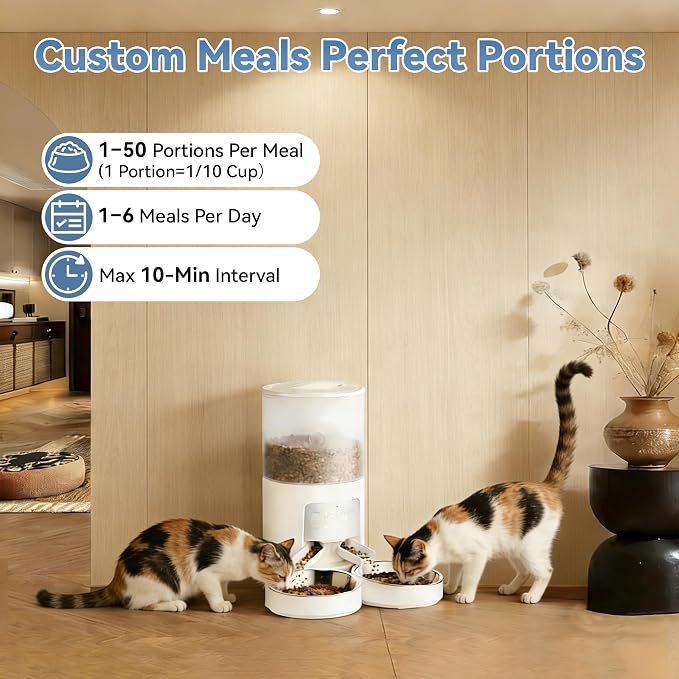 Sweetcrispy Automatic Cat Feeder, 4L Cat Food Dispenser with APP, White | 2.4G WiFi, Applicable for Dry Food, 16.9 Cups, 10 Meals/Day, 50 Portions/Meal, 10s Voice Recorder, Dual Power Supply