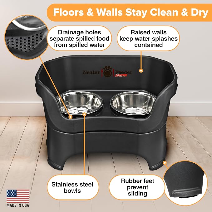 Neater Pet Brands Neater Feeder Deluxe Mess Proof Dog Bowls Elevated for Large Dogs Over 40 lbs, Made in USA, No Spill Raised Dog Food Bowl Stand Feeding Station, Food and Water Bowl Set, Black