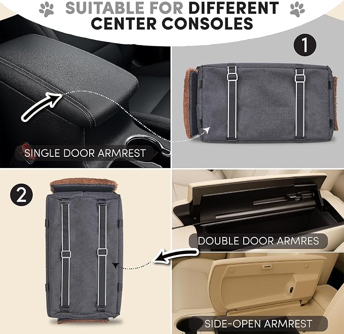 Center Console Dog Car Seat for Small Pets to 11lbs, Brown | Anti-collapse armrest Console seat with washable fluffy cushion, pillow & tether for stable, cozy pet travel trips.